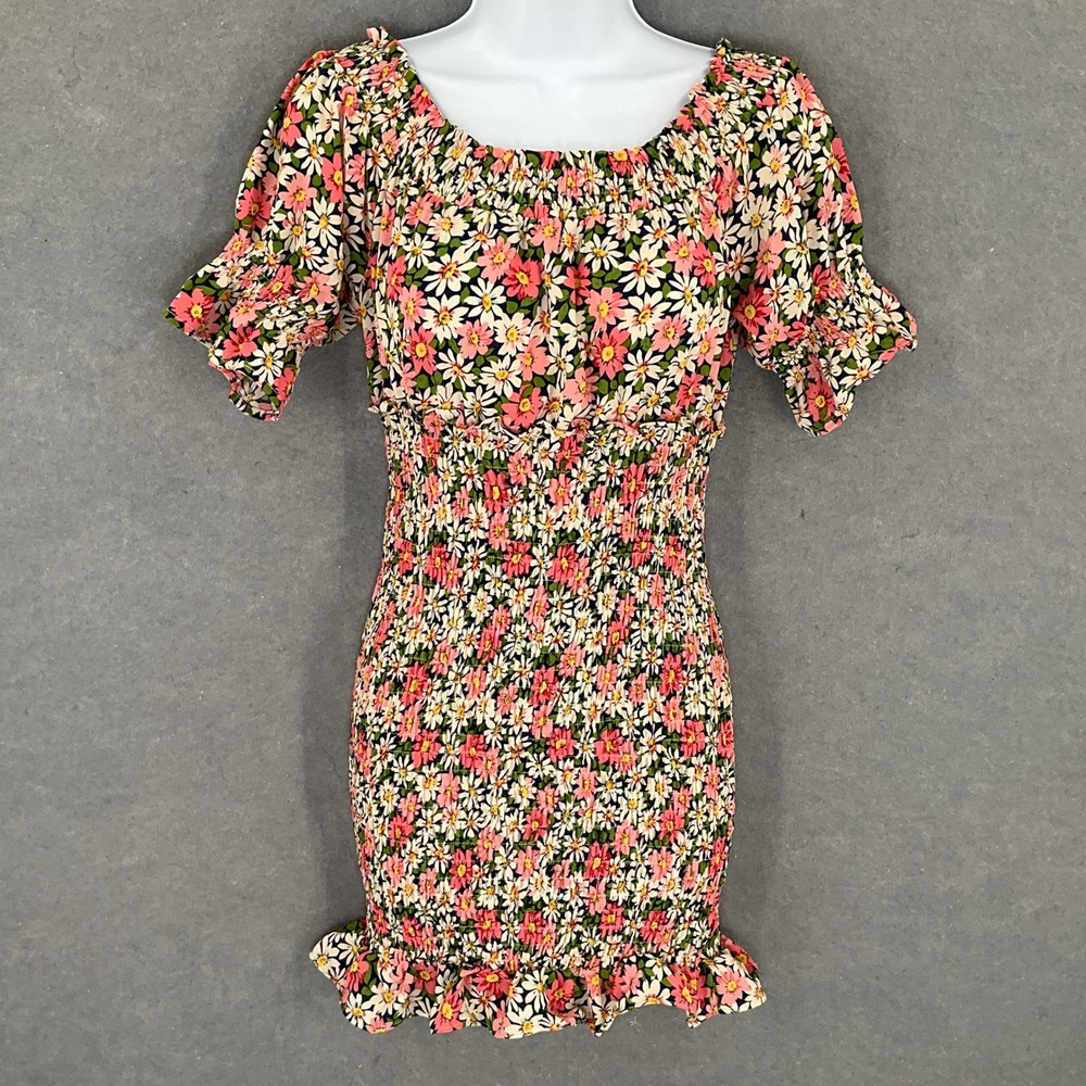 Entro Floral Print Smocked Mini Dress Womens‎ Size S Short Sleeve Ruffle Boho